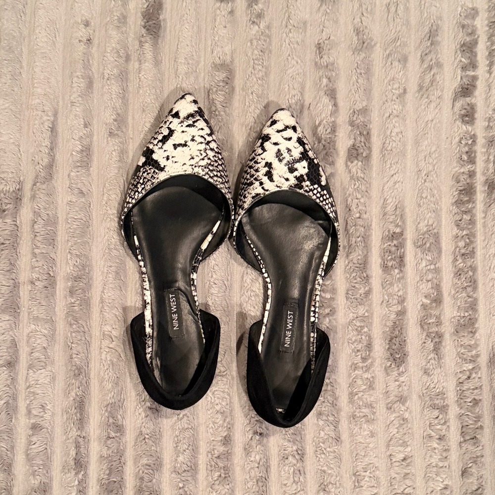 Nine West Womens Snakeskin Print Pointed Toe d'Orsay Flats Black White Size 8.5